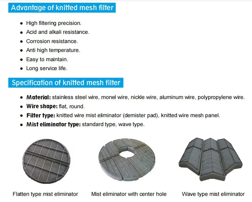 Knitted Wire Mesh Demister Mist Eliminator